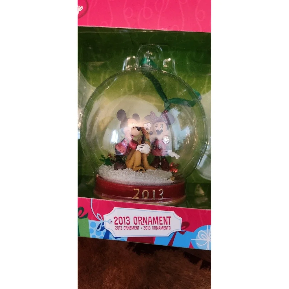 Disney‎ Store 2013 Mickey Minnie Pluto Glass Snow Globe Christmas Ornament NIB